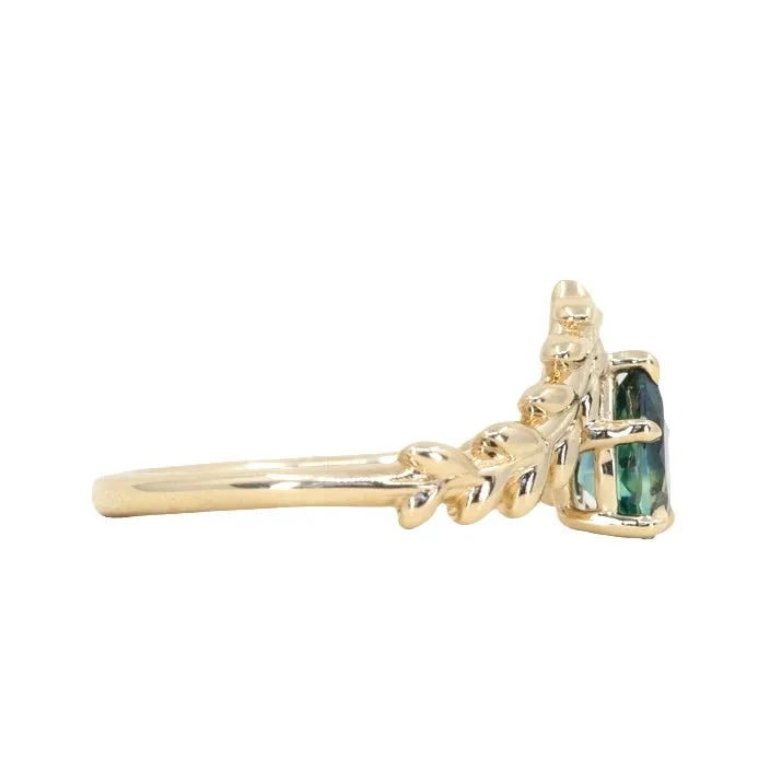 0.88ct Teal Blue Green Parti Pear Sapphire Pointed Vine Prong Set Ring in 14k yellow gold