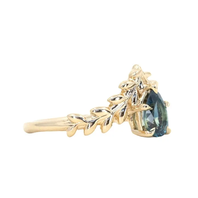 0.88ct Teal Blue Green Parti Pear Sapphire Pointed Vine Prong Set Ring in 14k yellow gold