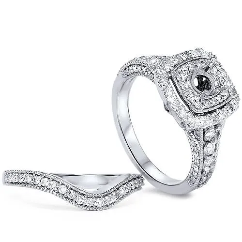 1 1/6ct Double Cushion Halo Diamond Engagement Ring Mount Set 14K White Gold