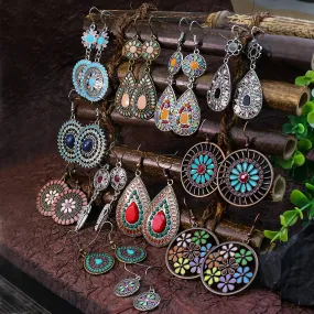 12 pairs Ethnic Style Women's Earrings Set - Multi-colored Round and Drop-shaped Flowers with Turquoise and Rhinestone Pendants