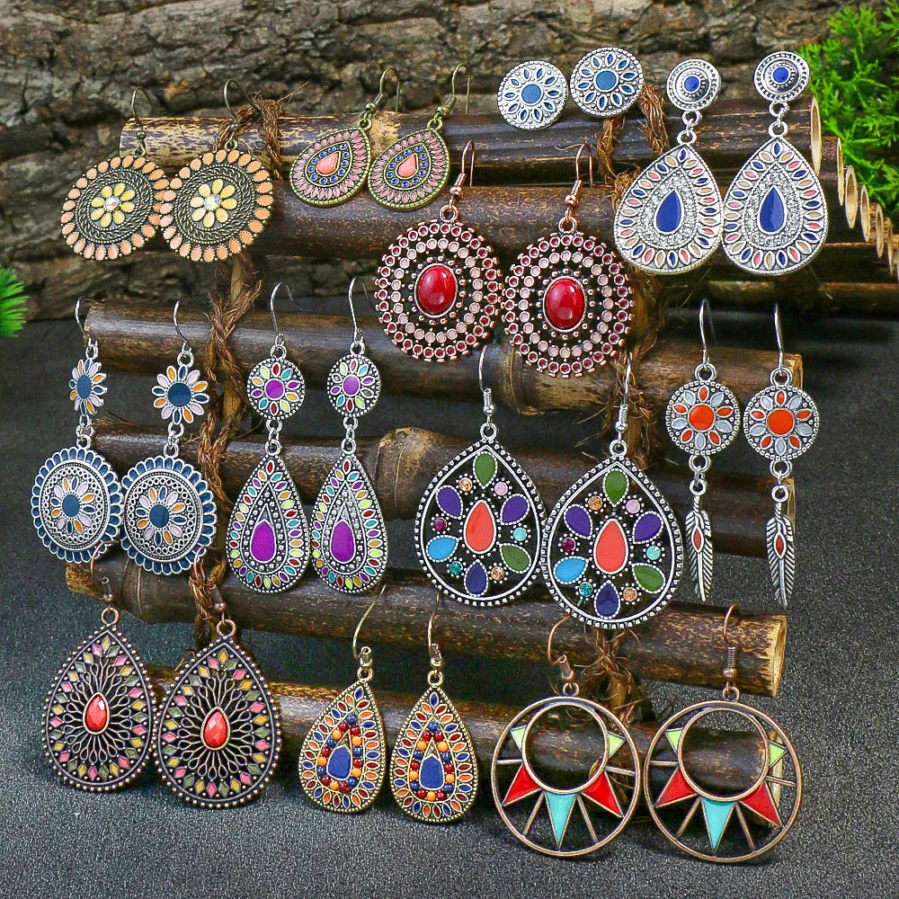 12 pairs Ethnic Style Women's Earrings Set - Multi-colored Round and Drop-shaped Flowers with Turquoise and Rhinestone Pendants