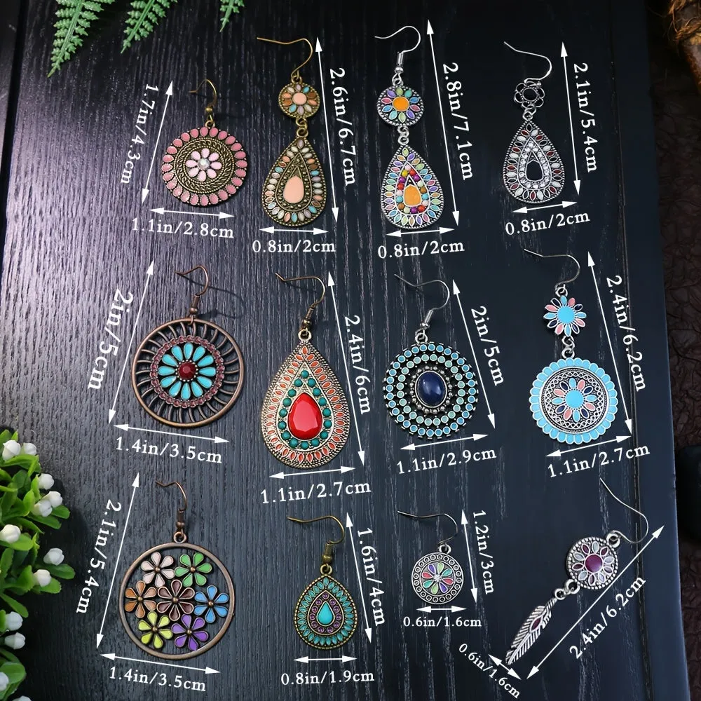 12 pairs Ethnic Style Women's Earrings Set - Multi-colored Round and Drop-shaped Flowers with Turquoise and Rhinestone Pendants