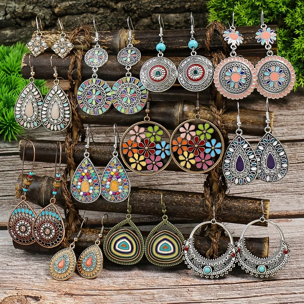 12 pairs Ethnic Style Women's Earrings Set - Multi-colored Round and Drop-shaped Flowers with Turquoise and Rhinestone Pendants