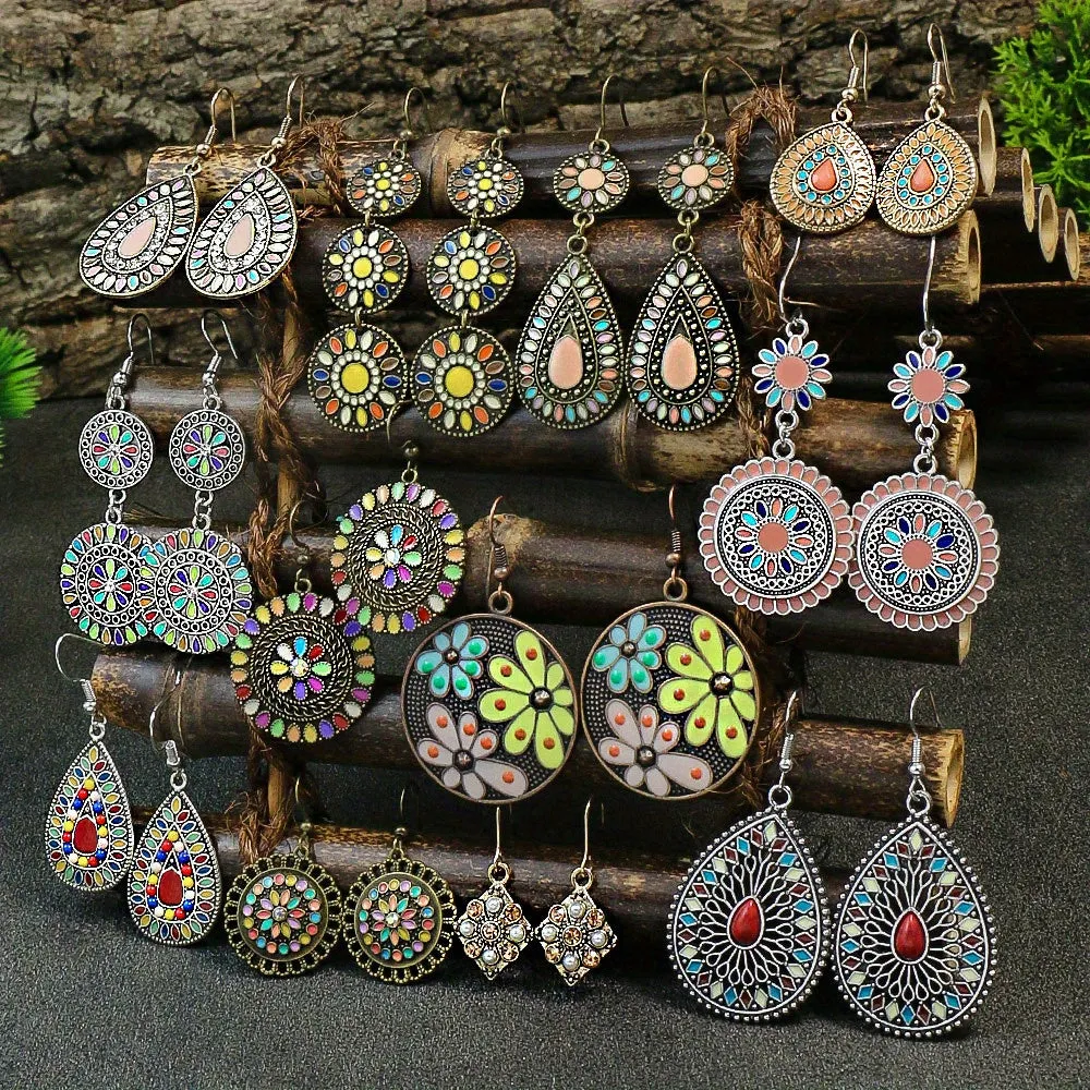 12 pairs Ethnic Style Women's Earrings Set - Multi-colored Round and Drop-shaped Flowers with Turquoise and Rhinestone Pendants