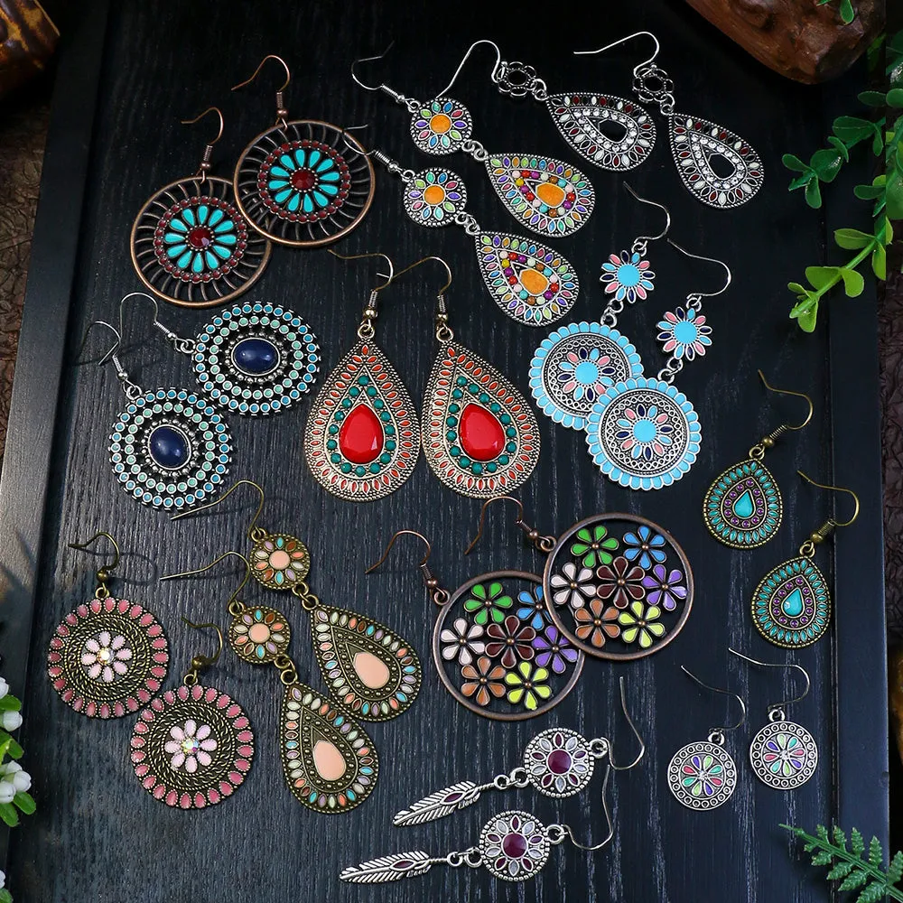 12 pairs Ethnic Style Women's Earrings Set - Multi-colored Round and Drop-shaped Flowers with Turquoise and Rhinestone Pendants