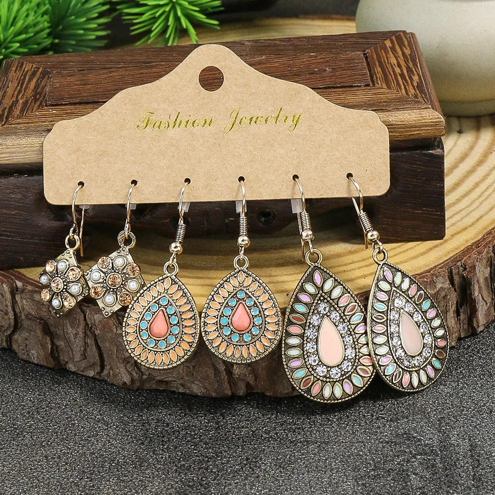 12 pairs Ethnic Style Women's Earrings Set - Multi-colored Round and Drop-shaped Flowers with Turquoise and Rhinestone Pendants