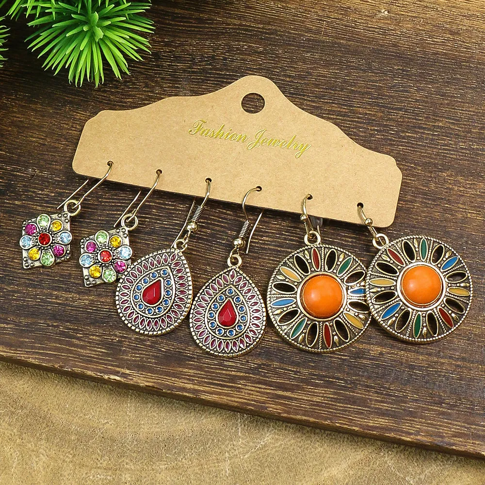 12 pairs Ethnic Style Women's Earrings Set - Multi-colored Round and Drop-shaped Flowers with Turquoise and Rhinestone Pendants