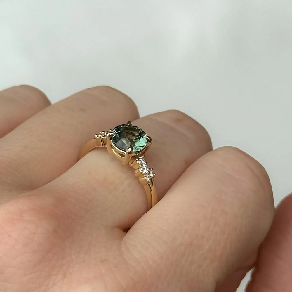 1.47ct Teal Green Grey Madagascar Sapphire and Diamond Starry Night Low Profile Solitaire in 14k Yellow Gold