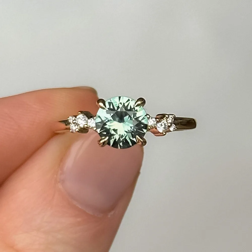 1.47ct Teal Green Grey Madagascar Sapphire and Diamond Starry Night Low Profile Solitaire in 14k Yellow Gold