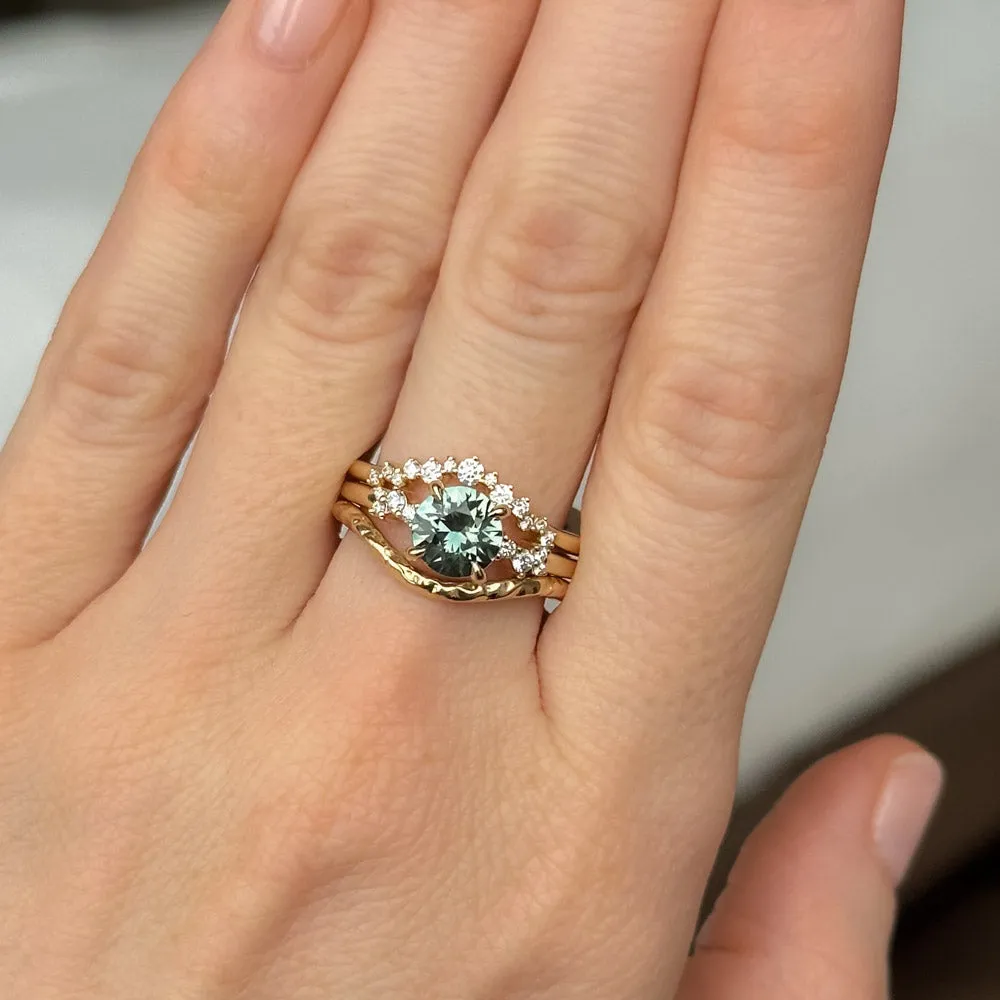 1.47ct Teal Green Grey Madagascar Sapphire and Diamond Starry Night Low Profile Solitaire in 14k Yellow Gold