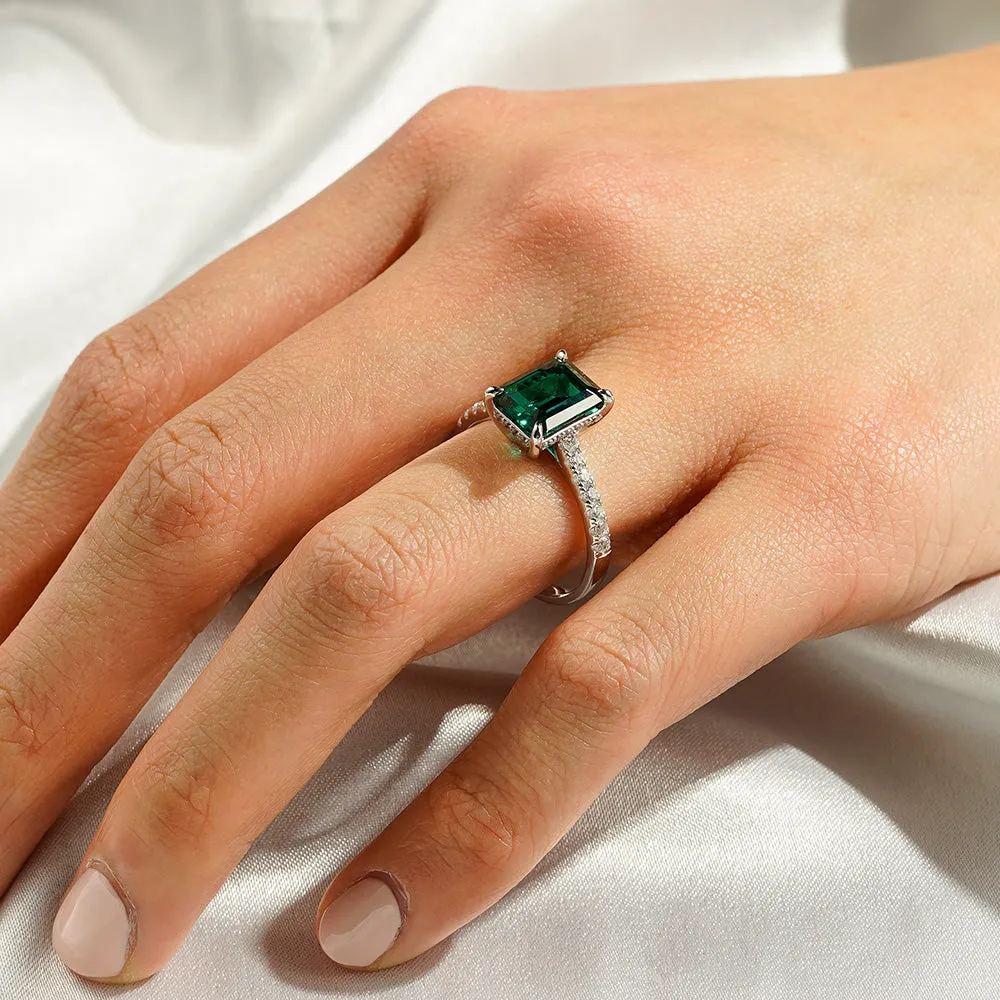 3 CT. Side Stone Lab Grown Emerald Engagement Ring With Hidden Halo