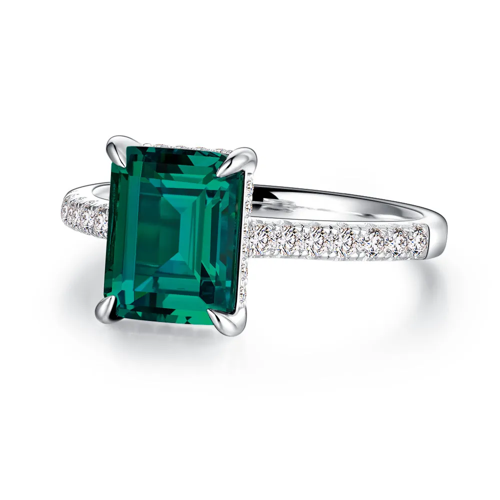 3 CT. Side Stone Lab Grown Emerald Engagement Ring With Hidden Halo