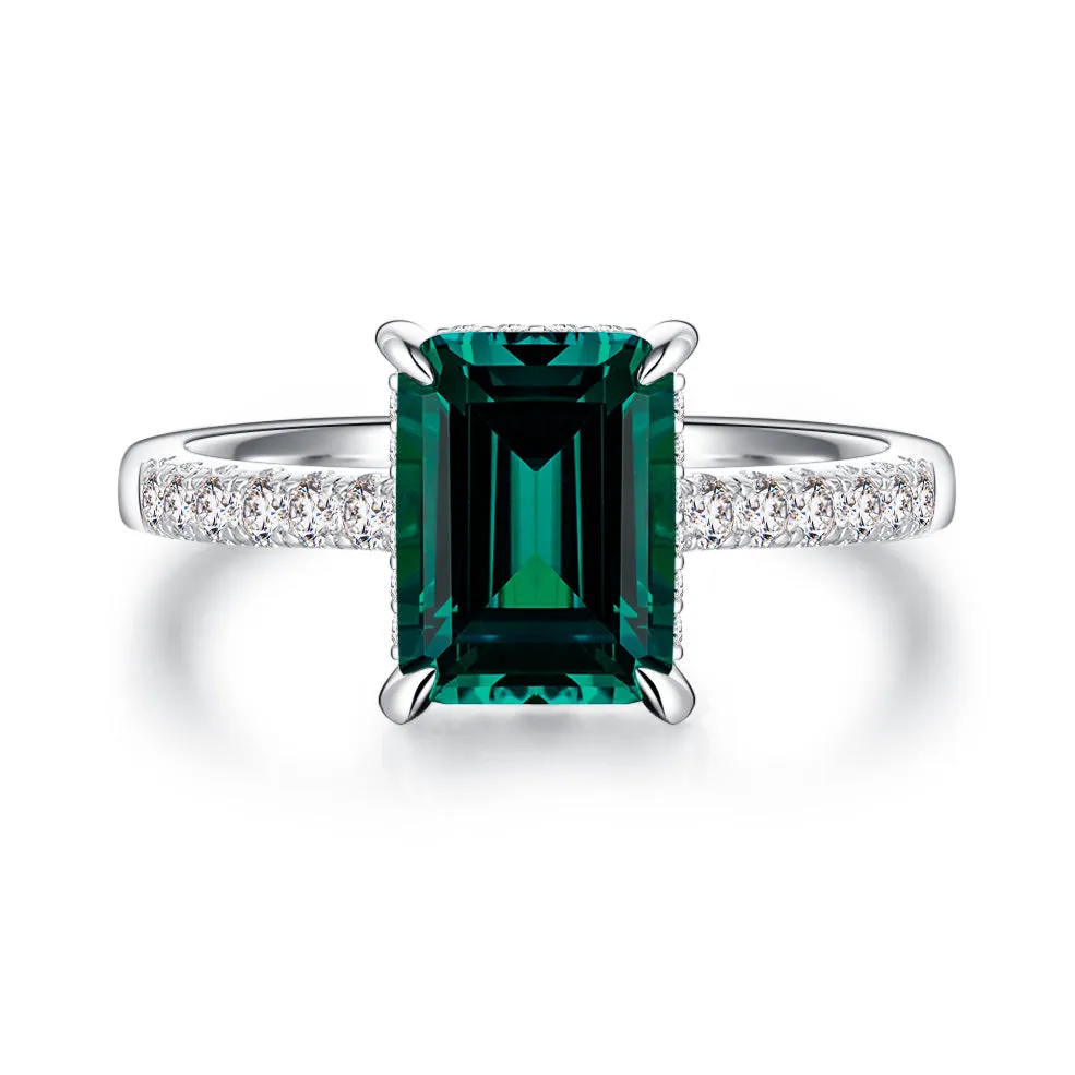 3 CT. Side Stone Lab Grown Emerald Engagement Ring With Hidden Halo