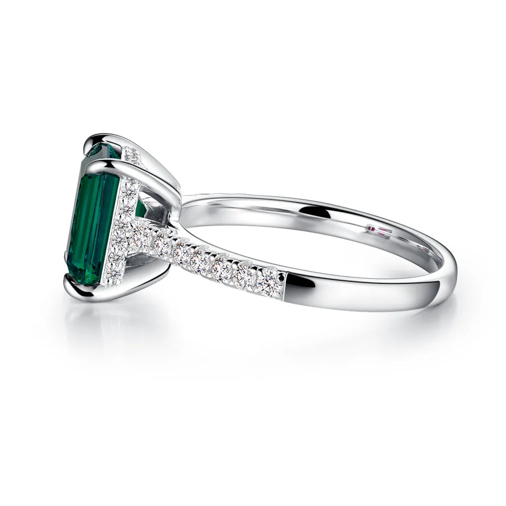 3 CT. Side Stone Lab Grown Emerald Engagement Ring With Hidden Halo