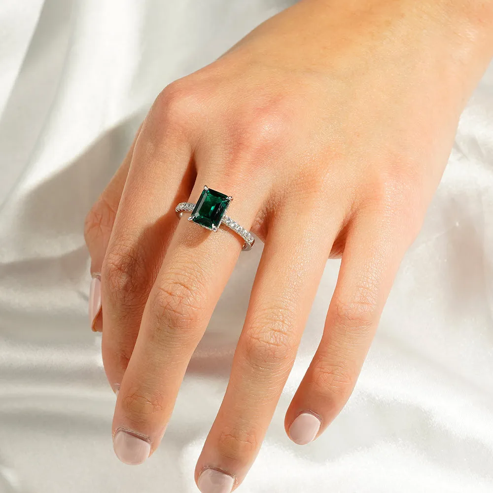 3 CT. Side Stone Lab Grown Emerald Engagement Ring With Hidden Halo