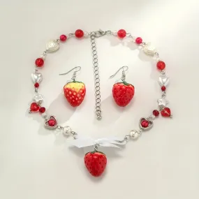 3pcs Earrings Plus Necklace Y2k Style Jewelry Set Cute Strawberry Design Match Daily Outfits Sweet Birthday Gift For Girls