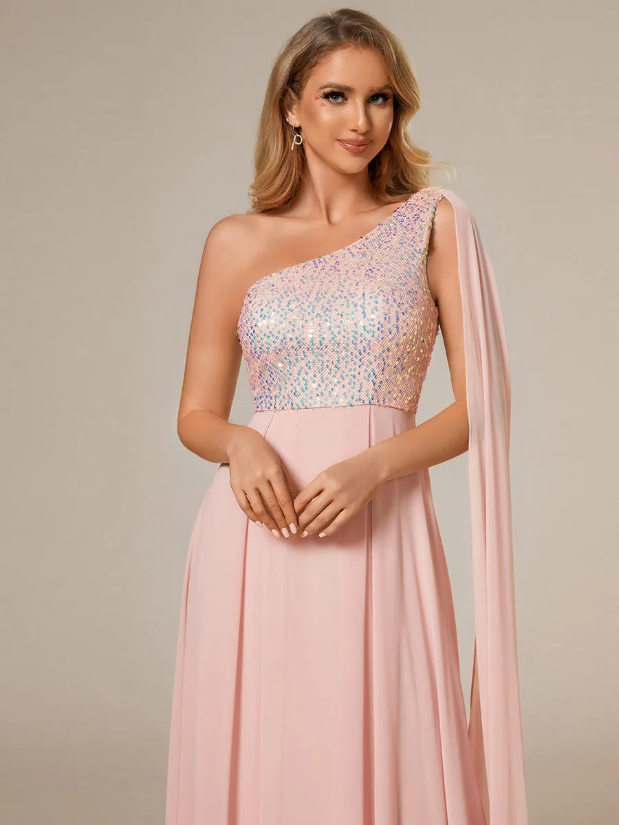 A-Line Shiny Sequin Chiffon Bodice One Shoulder Sleeveless Evening Dresses