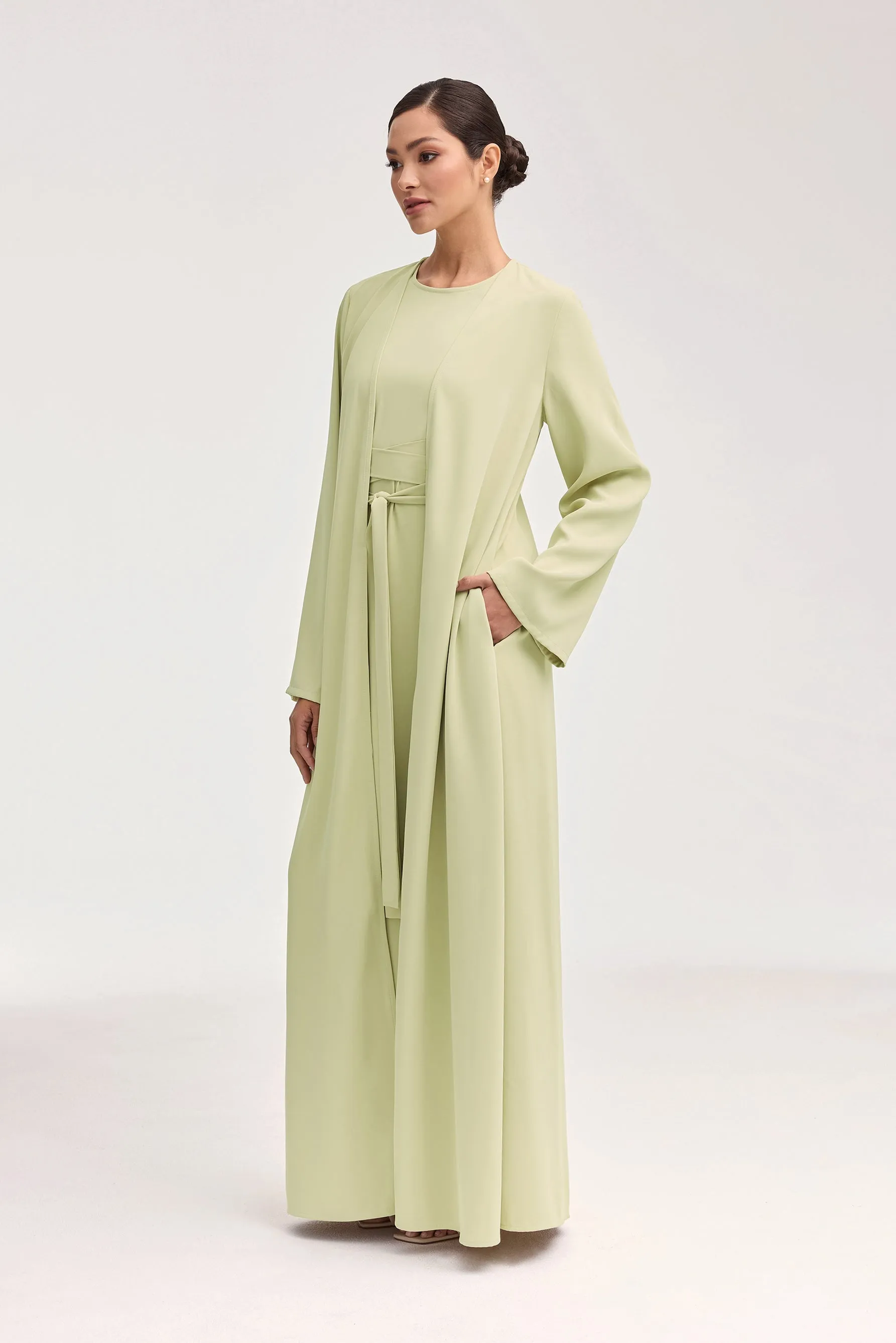 Asalah Wrap Waist Maxi Dress & Abaya Set - Pistachio