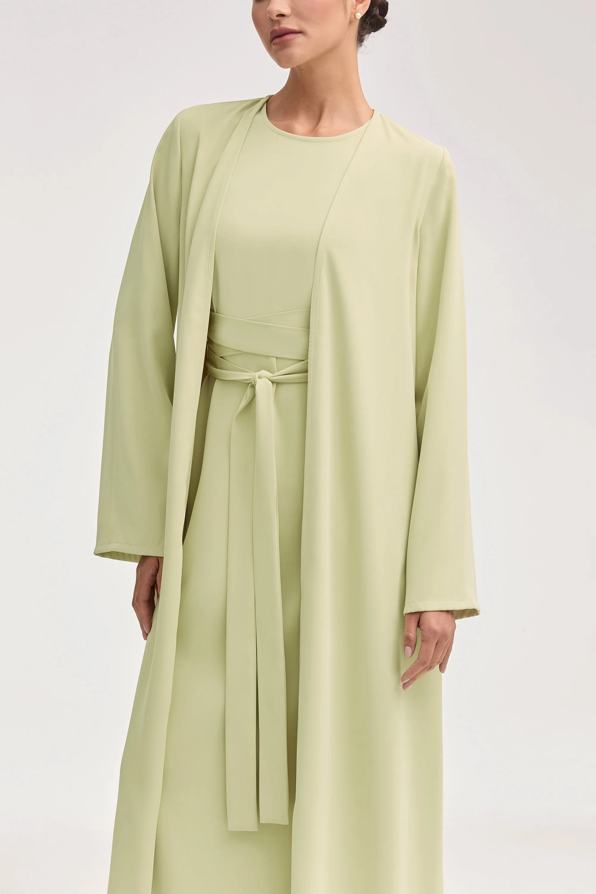 Asalah Wrap Waist Maxi Dress & Abaya Set - Pistachio