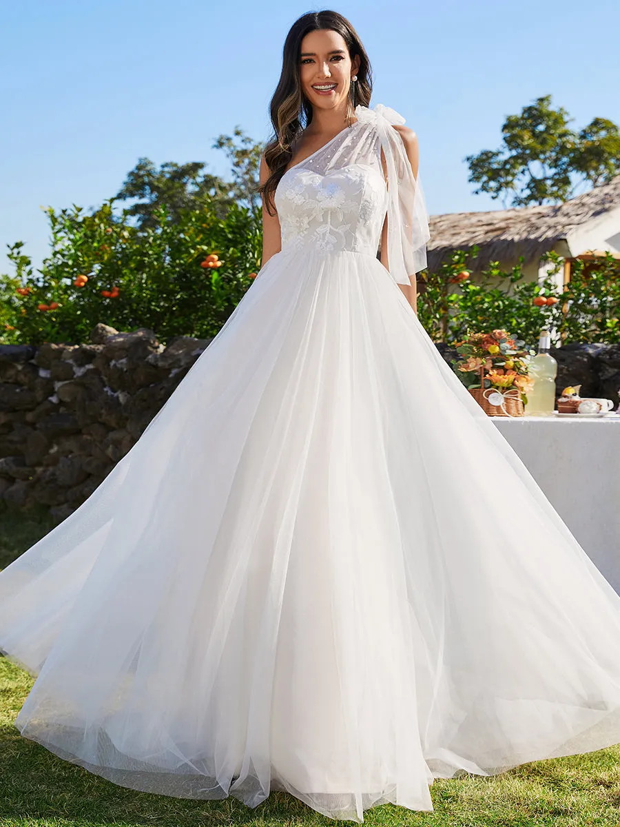 Beaded Asymmetric Bowknot Shoulder Sleveeless Wedding Dress