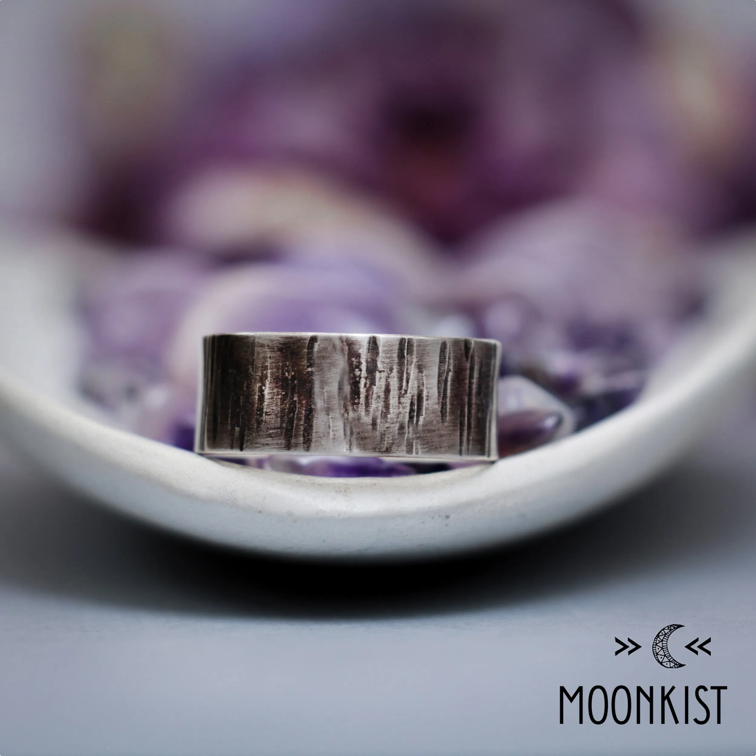 Birch Bark Silver Hammered Men's Wedding Band | Moonkist Designs