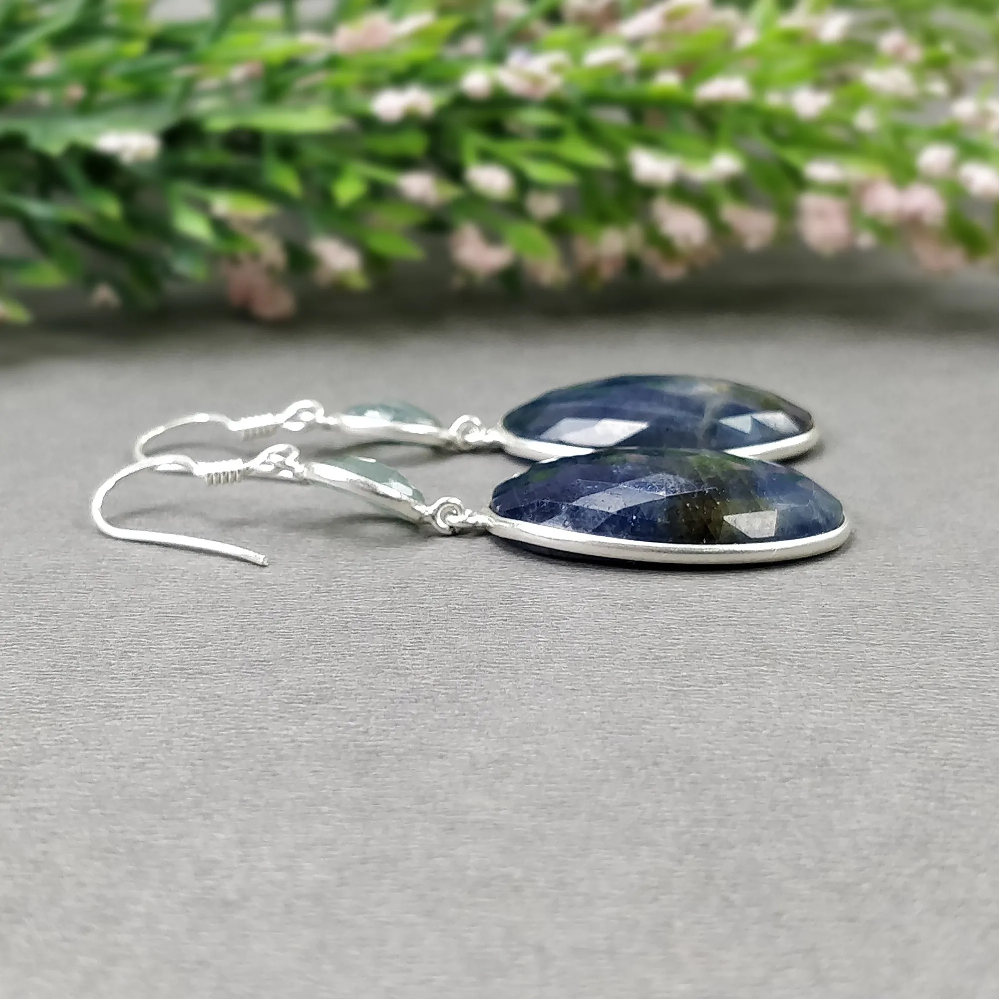 BLUE SAPPHIRE & Aquamarine Gemstone Earring : 14.56gms Natural Sapphire 925 Sterling Silver Drop Dangle Bezel Set Earring 2.24"