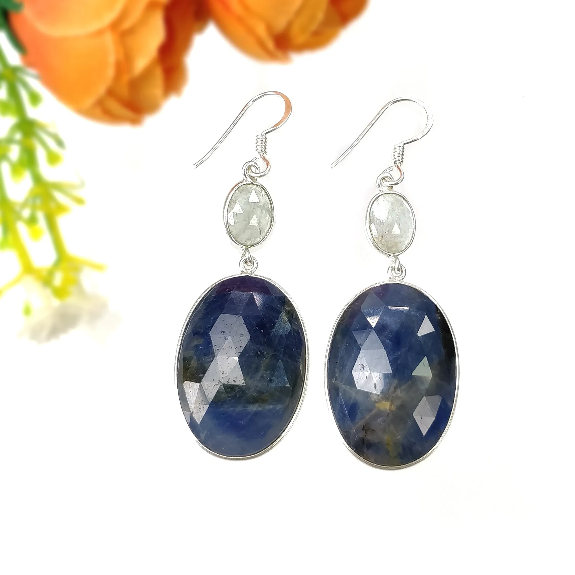 BLUE SAPPHIRE & Aquamarine Gemstone Earring : 14.56gms Natural Sapphire 925 Sterling Silver Drop Dangle Bezel Set Earring 2.24"