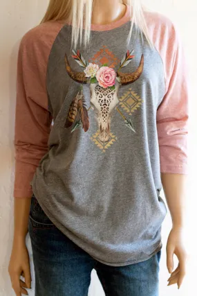 Boho Bull Skull Baseball Tee