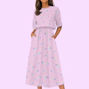 Bubblegum Bunny Shooting Stars Women's Elastic Waist Midi Dress