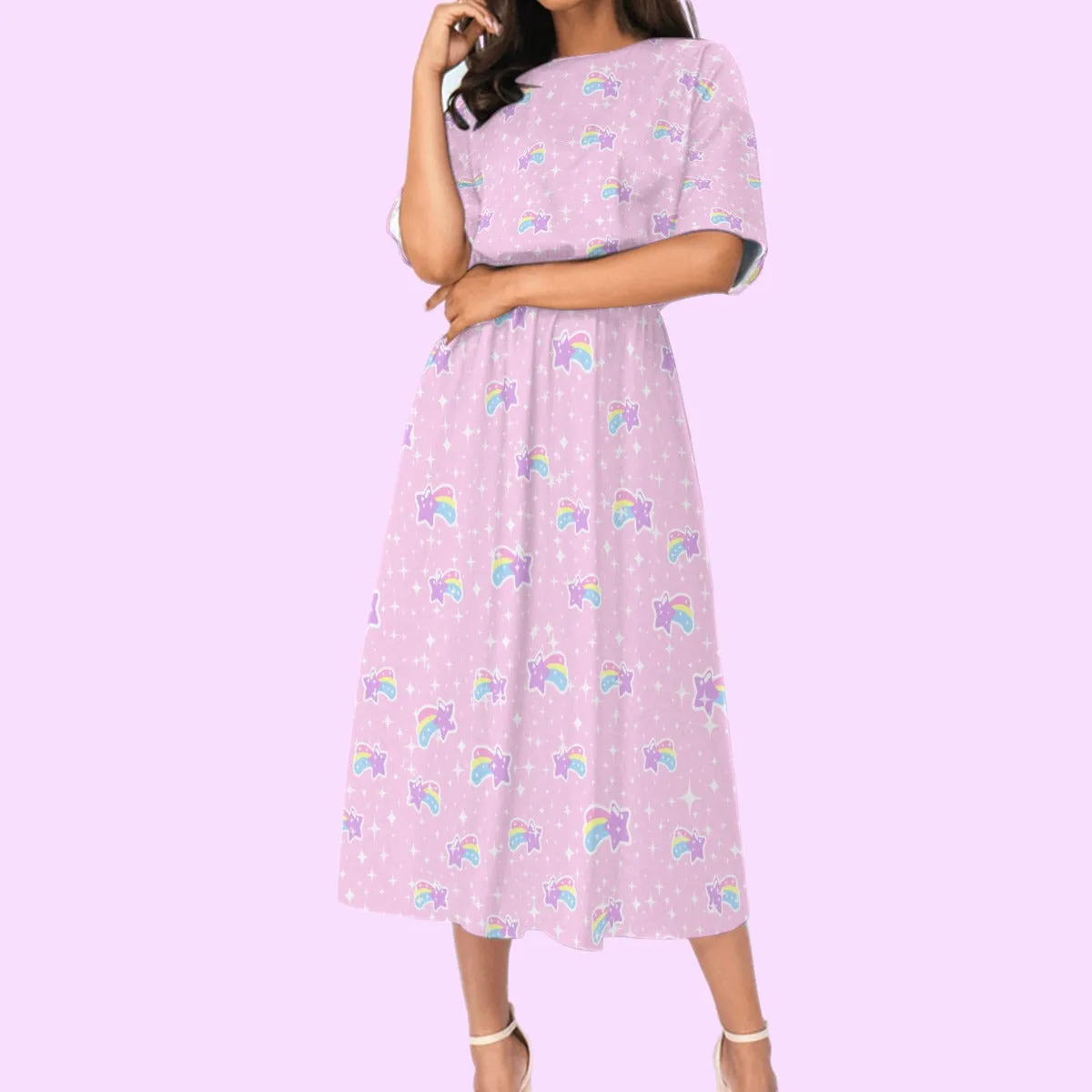 Bubblegum Bunny Shooting Stars Women's Elastic Waist Midi Dress