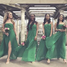 Cheap Charming Split Side Straight  Across Green Chiffon Pleating Long Wedding Guest Bridesmaid Dresses, WG57