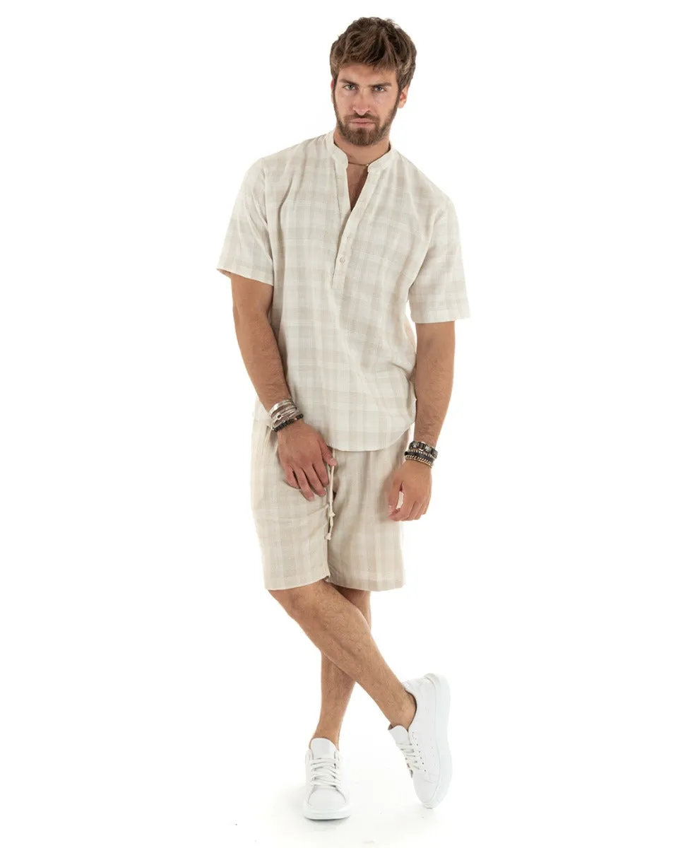 Completo Set Coordinato Uomo Lino Casacca Camicia Serafino Bermuda Outfit Quadri Beige GIOSAL-OU2343A