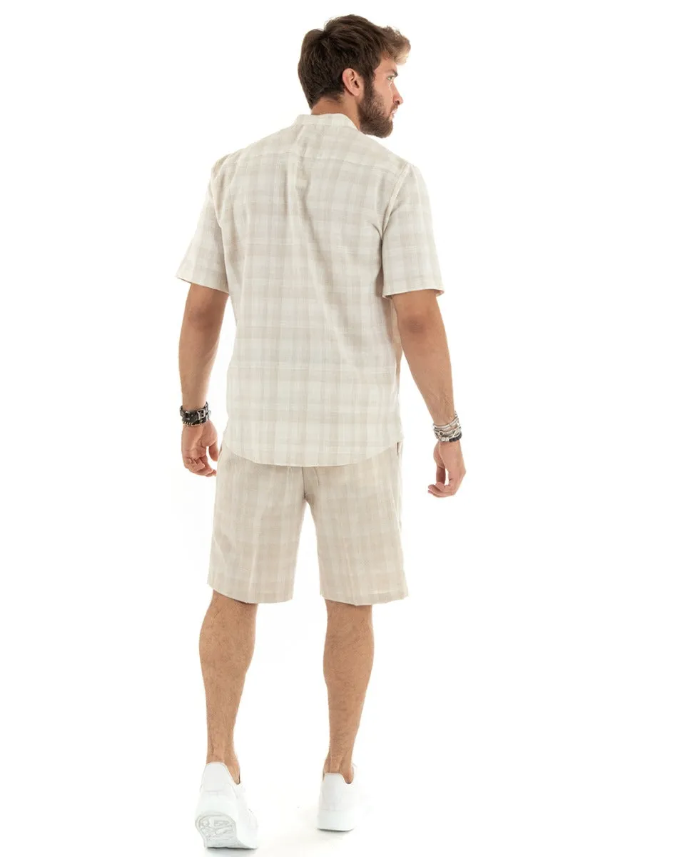 Completo Set Coordinato Uomo Lino Casacca Camicia Serafino Bermuda Outfit Quadri Beige GIOSAL-OU2343A