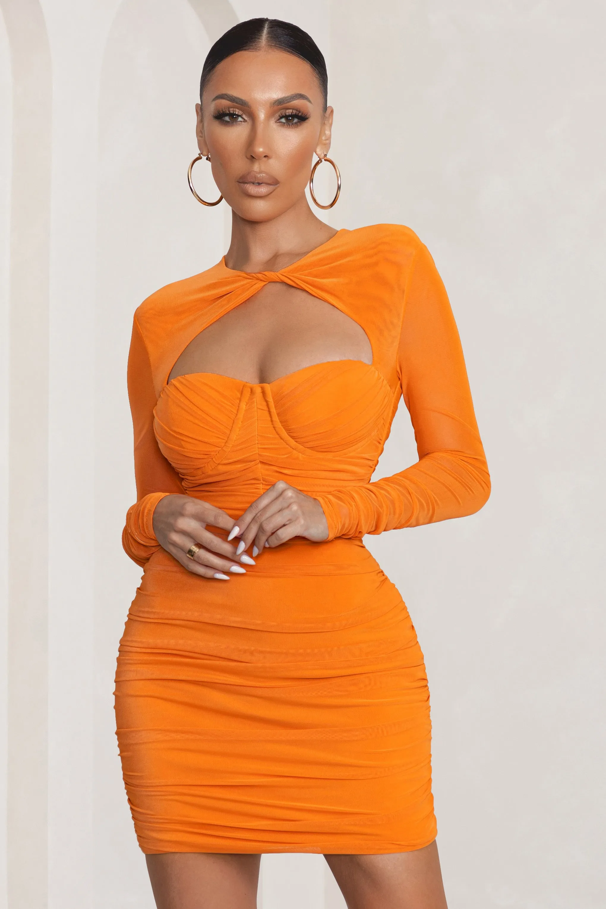 Daiquiri | Orange Cut Out Ruched Mesh Mini Dress With Long Sleeves