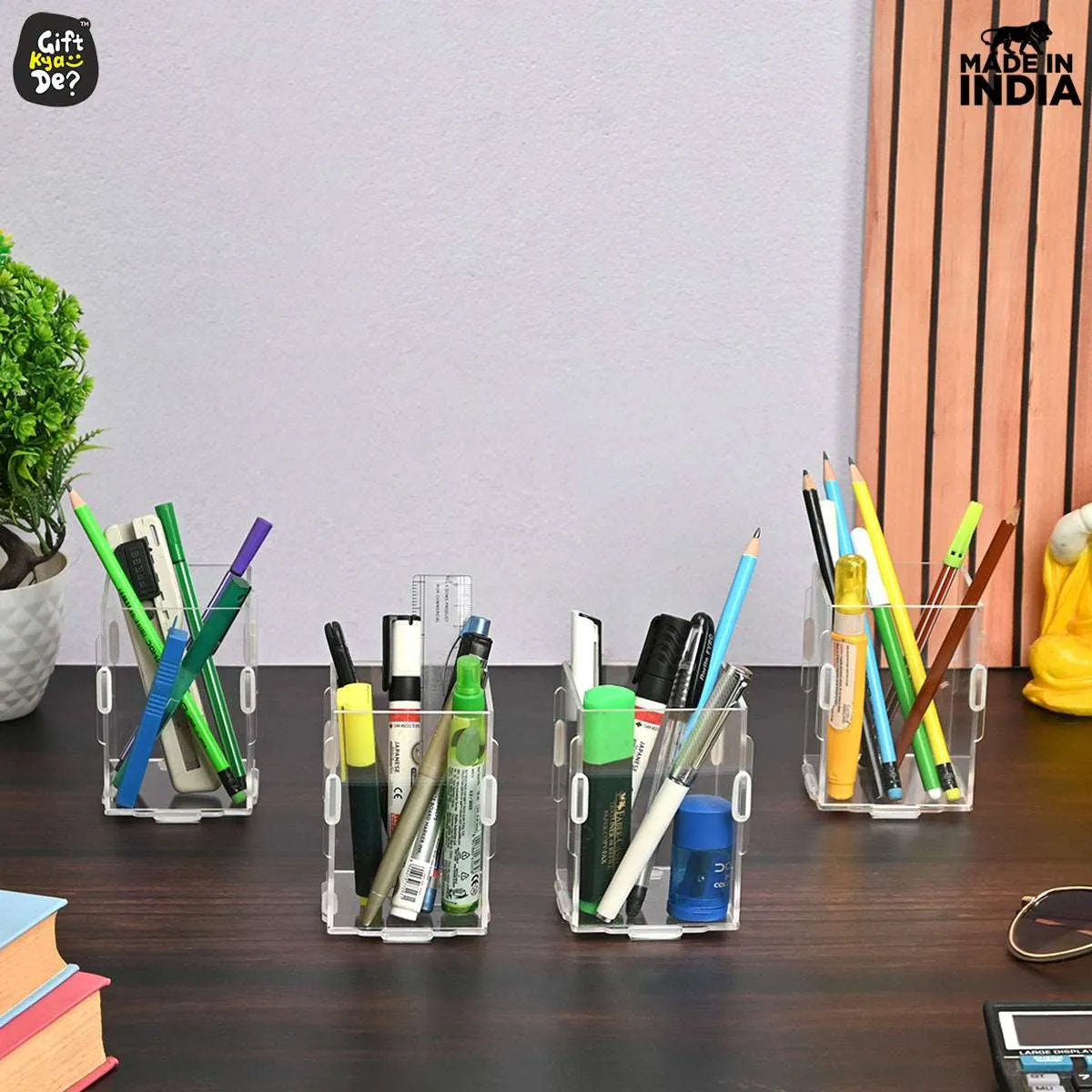 Desk Organizer 2 & 4 Piece Acrylic Pen Holder | Crystal Clear Pencil Holder | Stationery Organizer