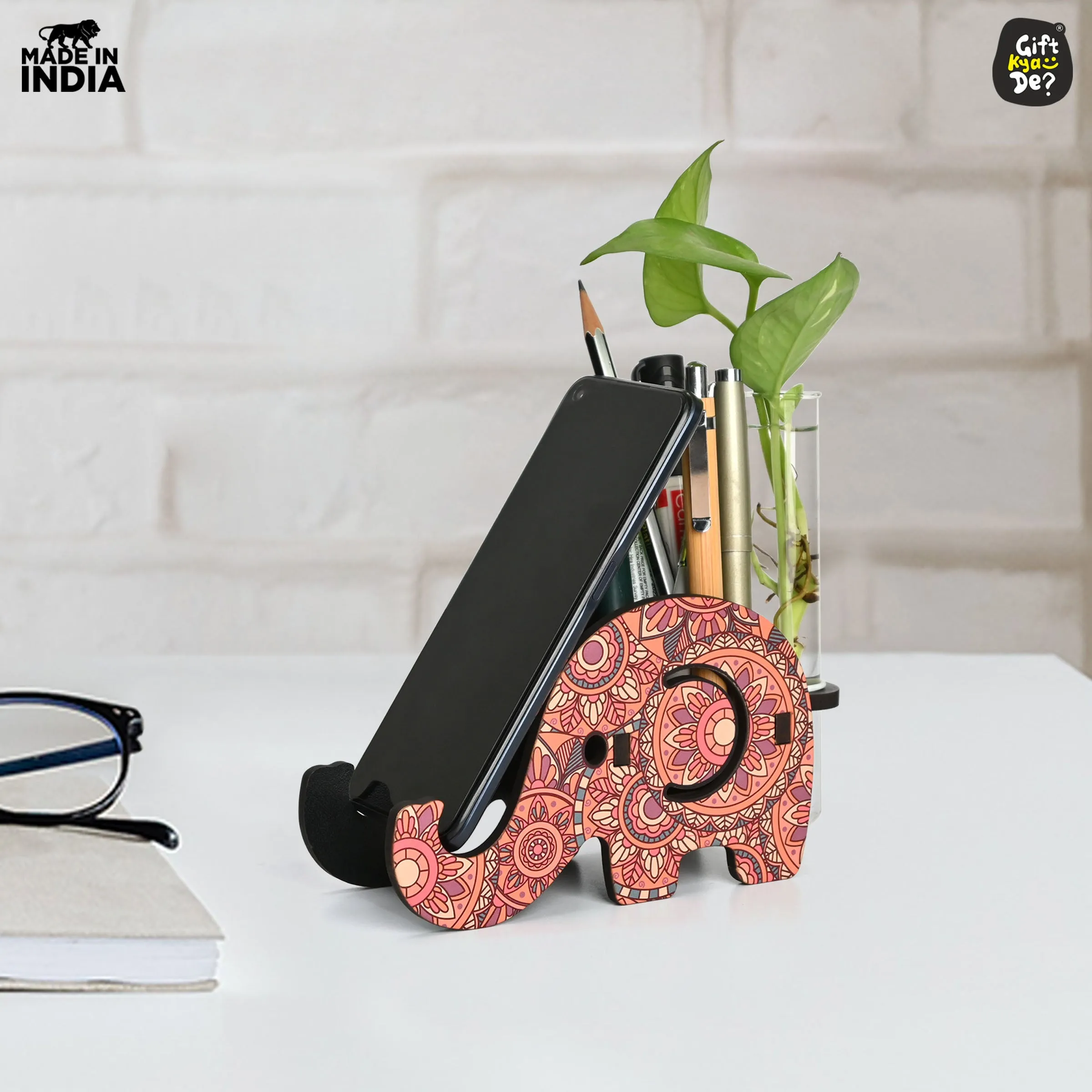 Elephant Shaped Wooden Pen Holder with Test Tube Planter & Mobile Stand | Mandala Art Design | Multifunctional Desk Organizer