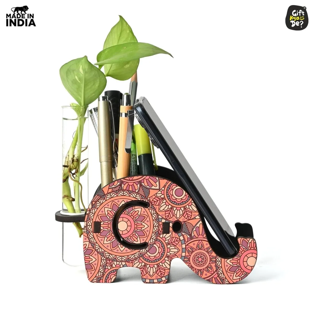 Elephant Shaped Wooden Pen Holder with Test Tube Planter & Mobile Stand | Mandala Art Design | Multifunctional Desk Organizer