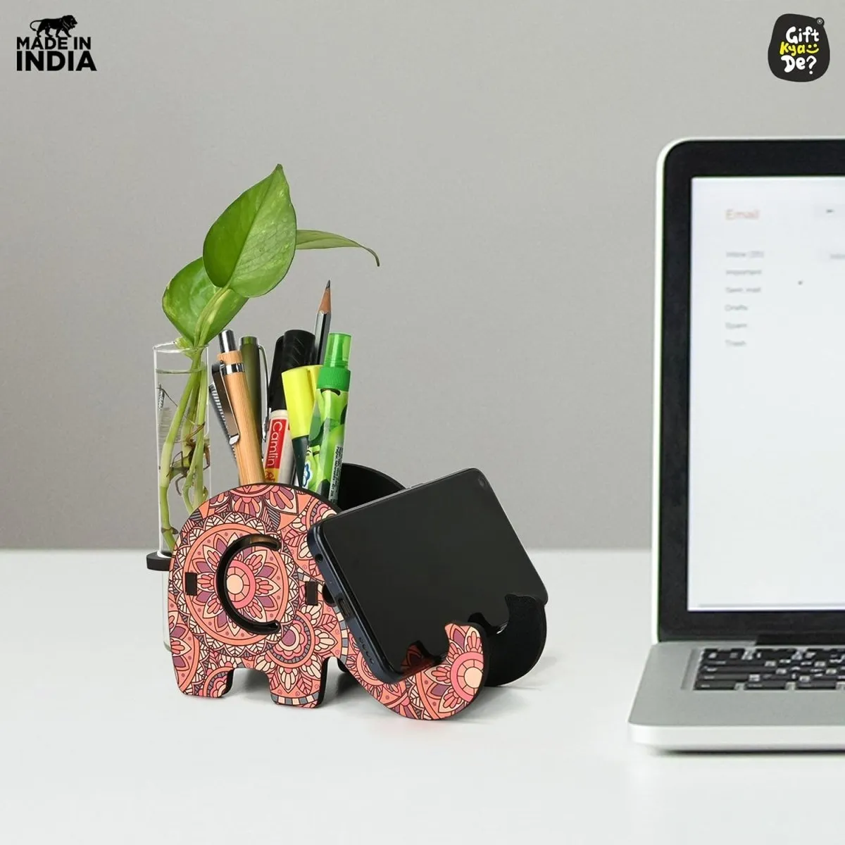 Elephant Shaped Wooden Pen Holder with Test Tube Planter & Mobile Stand | Mandala Art Design | Multifunctional Desk Organizer