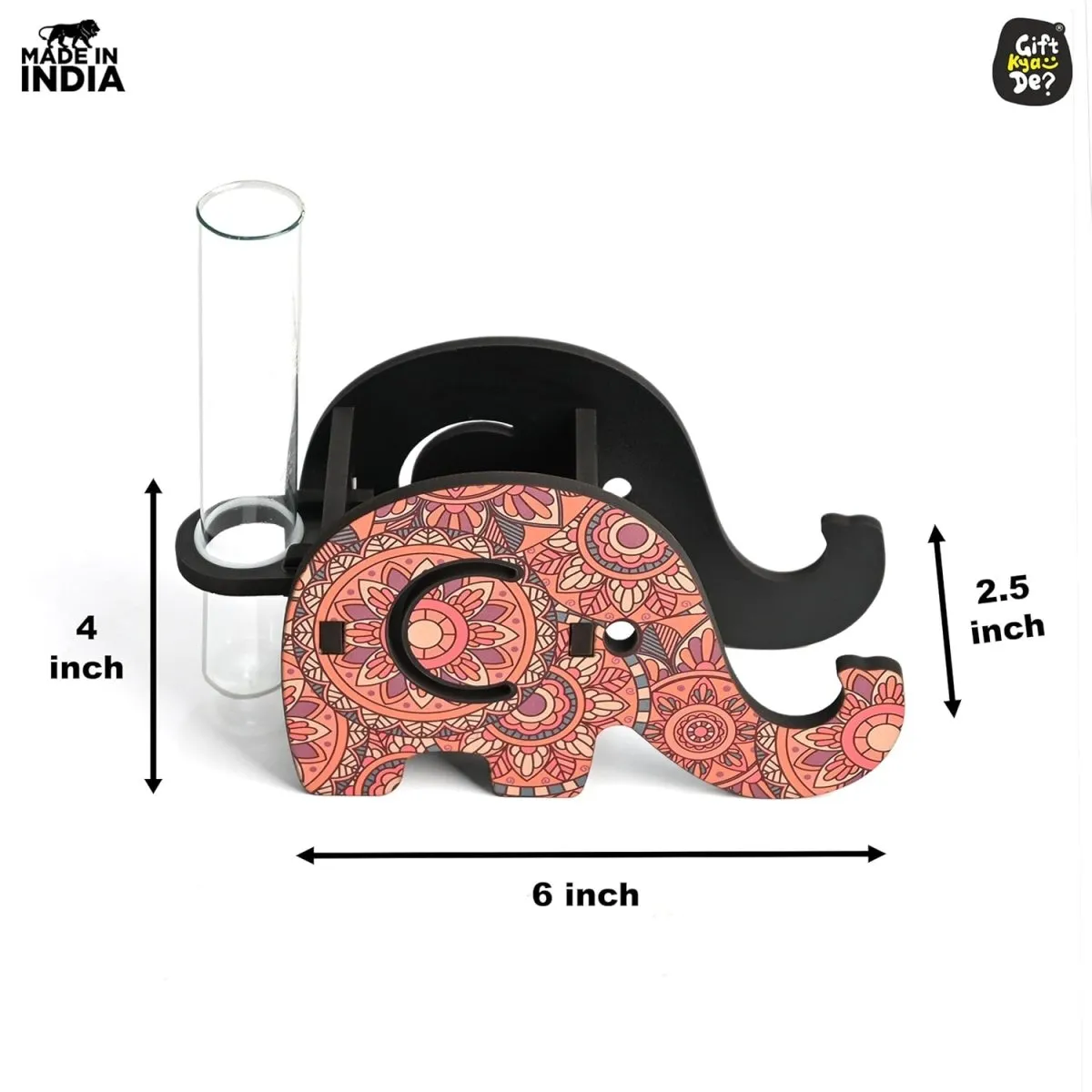 Elephant Shaped Wooden Pen Holder with Test Tube Planter & Mobile Stand | Mandala Art Design | Multifunctional Desk Organizer