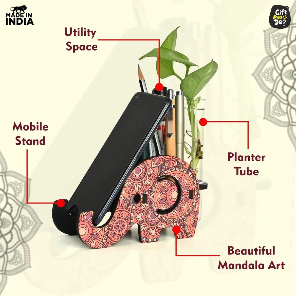 Elephant Shaped Wooden Pen Holder with Test Tube Planter & Mobile Stand | Mandala Art Design | Multifunctional Desk Organizer