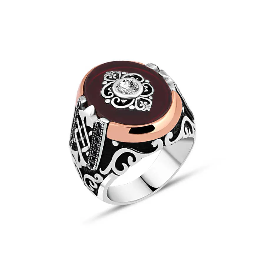 Eye Figure on Brown Ellipse Synthetic Amber Stone Silver Men's Ring Siding Braid Pattern Pattern and Zircons