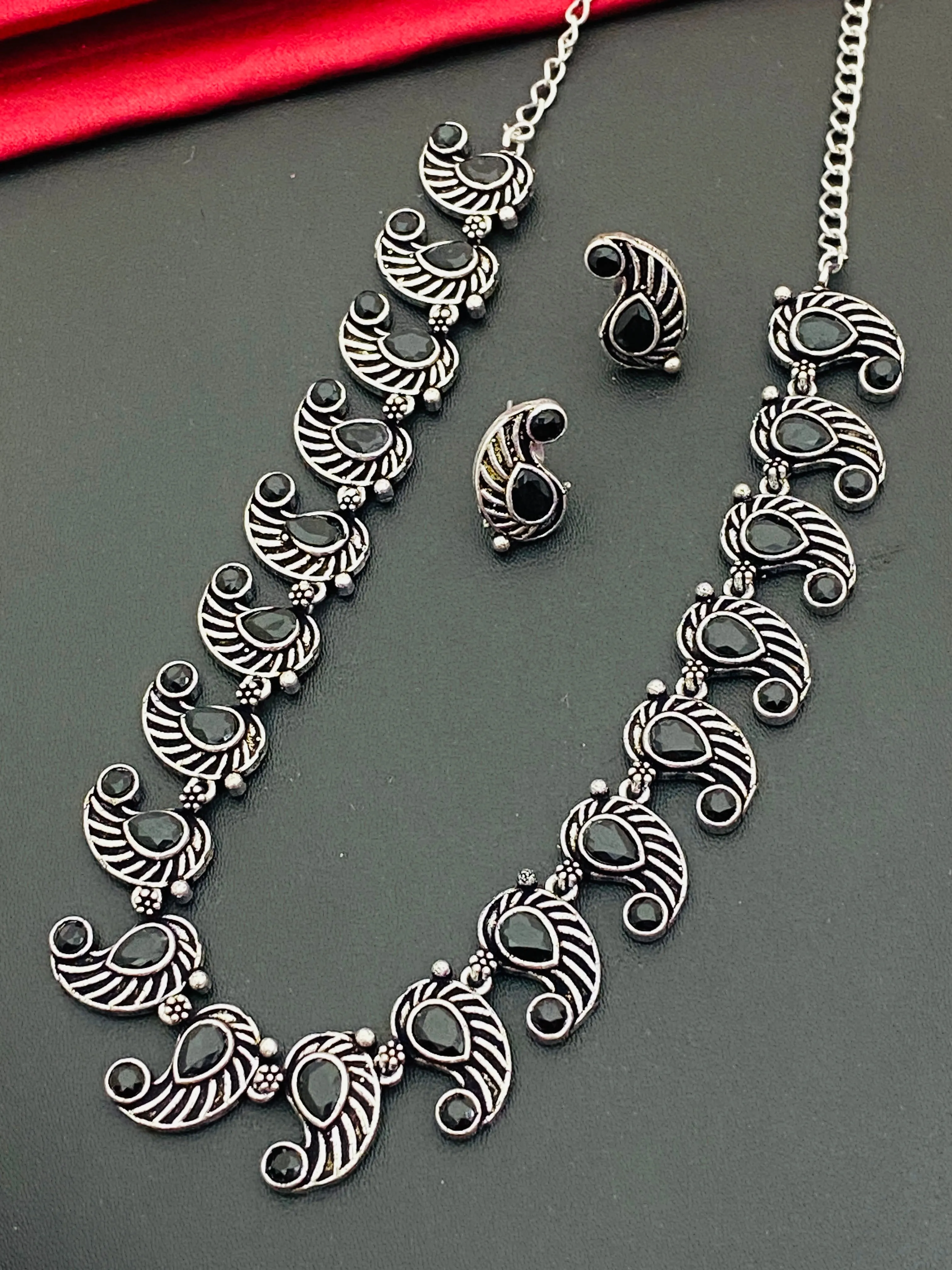 Fascinating Black Stone Beaded Mango Design German Silver Plated Oxidized Necklace Set With Earrings