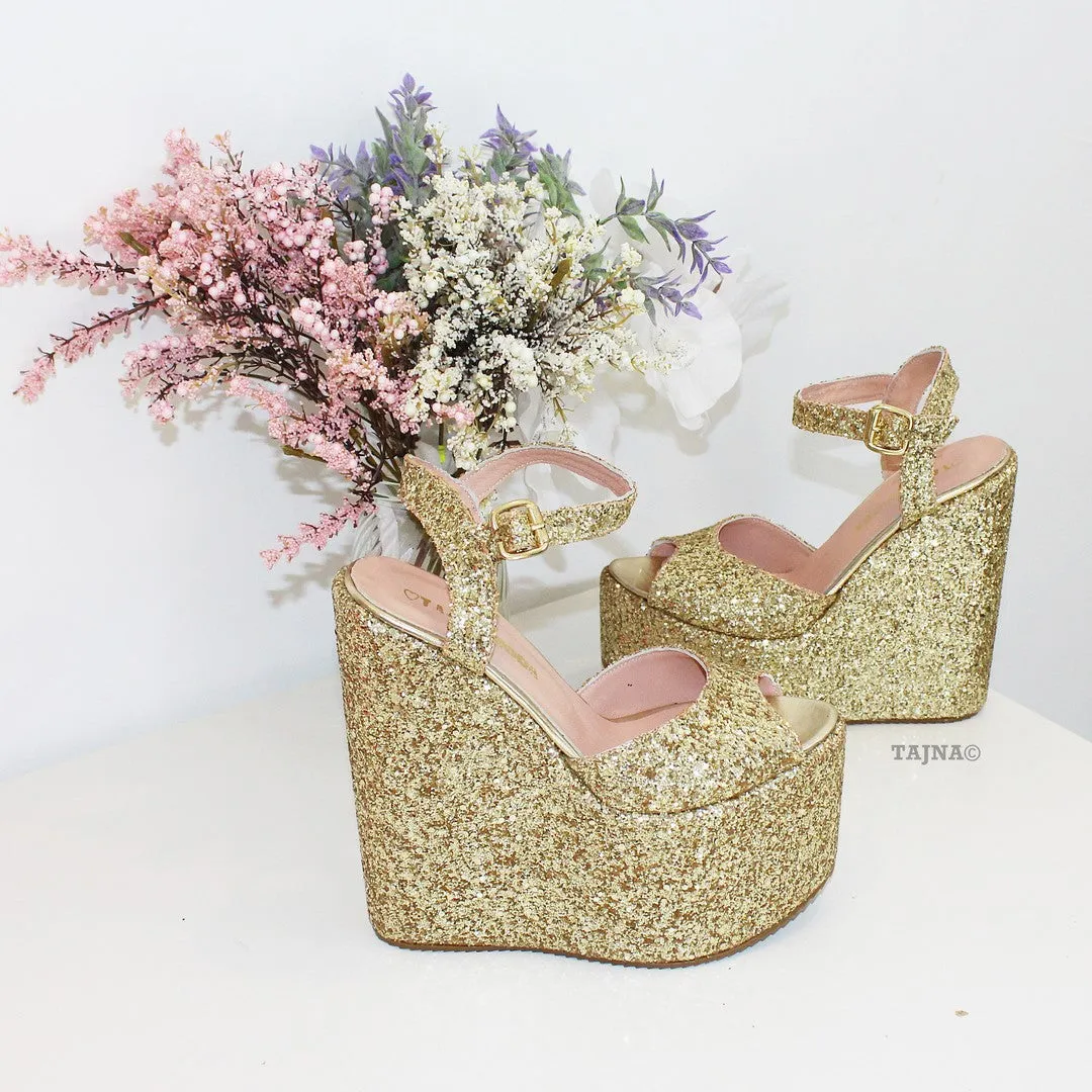 Gold Glitter Bridal High Heel Platform Shoes