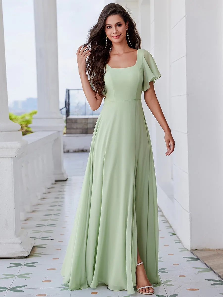 Graceful Short Sleeves Lotus Leaf Backless Bridesmaids Dress Frenulum knotting A-Line Chiffon Dresses