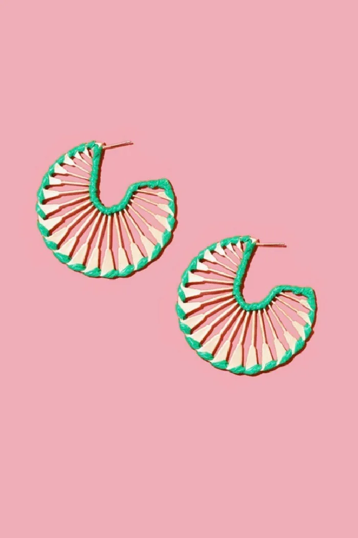 Green Rattan Wrapped Gold Fan Hoop Earrings