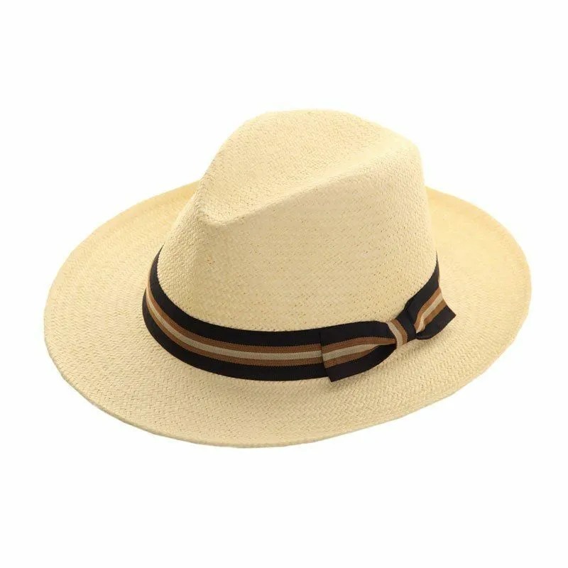 Hazy Blue Mens Straw Fedora II Hat Panama Style With Wide Stripe Band and Bow