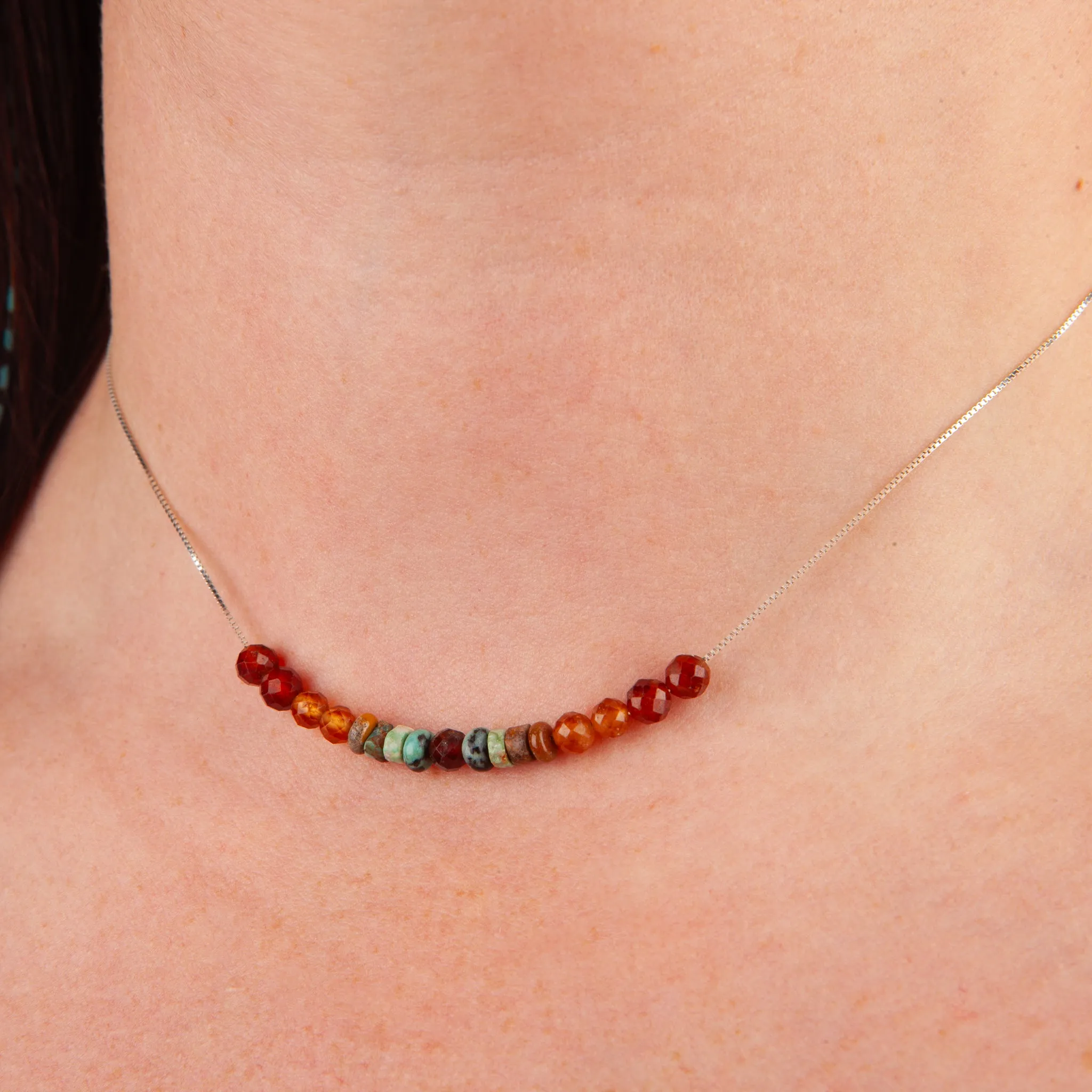 Hessonite & Turquoise Adjustable Slide Chain Gemstone Necklace