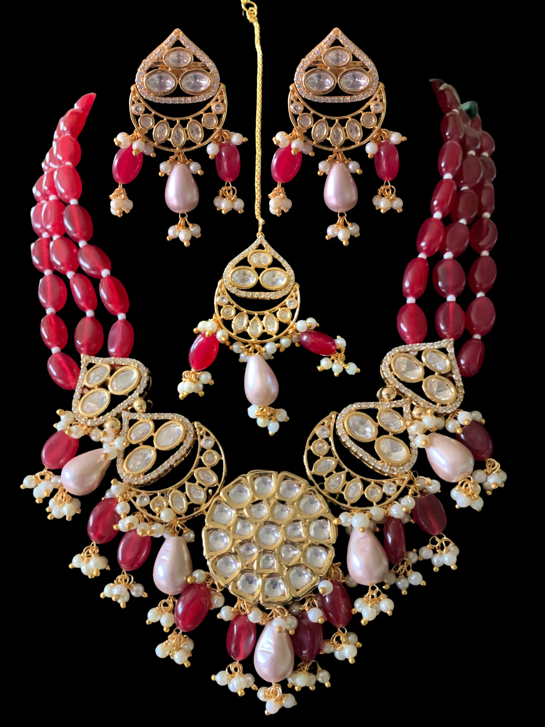 High quality gold plated polki necklace set with tika ( READY TO SHIP)