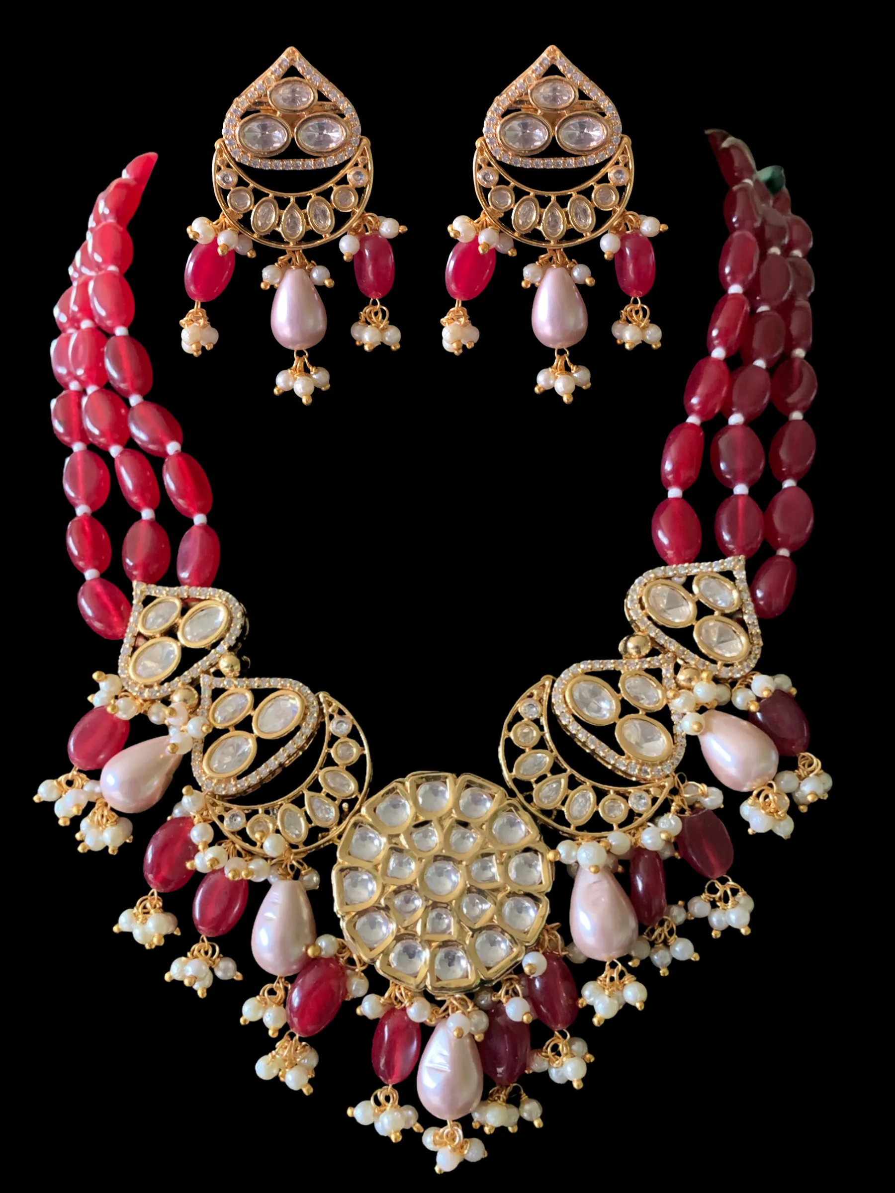 High quality gold plated polki necklace set with tika ( READY TO SHIP)