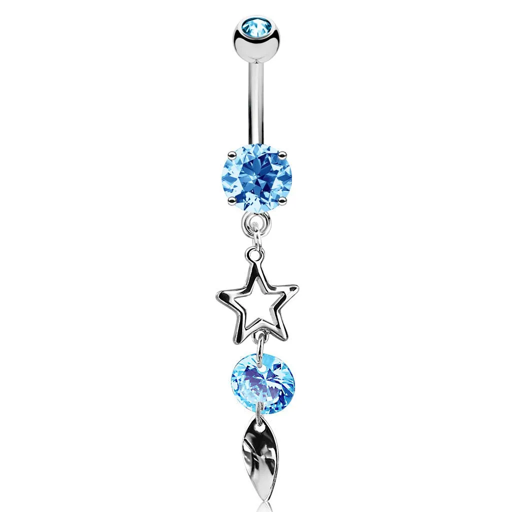 Hollow Star, CZ and Leaf Vertical Drop Dangle Prong Set CZ WildKlass Belly Rings